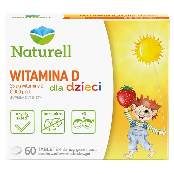 Naturell, witamina D dla dzieci, smak waniliowo-truskawkowy, 60 tabletek do rozgryzania i żucia