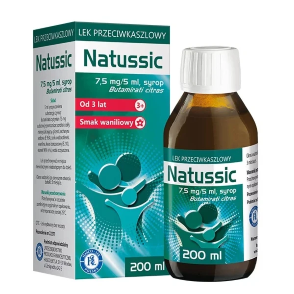 Natussic 7,5mg/5ml, syrop przeciwkaszlowy, smak waniliowy, od 3 roku życia, 200ml