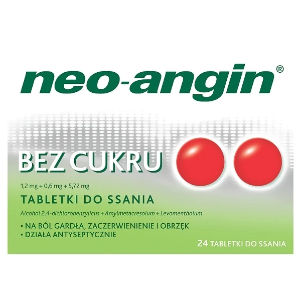Neo-Angin bez cukru (1,2mg+0,6mg+5,72mg), 24 tabletki do ssania
