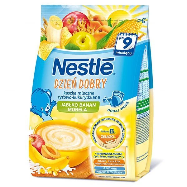 Nestle Dzień Dobry, kaszka mleczna ryżowo-kukurydziana, banan, jabłko, morela, po 9 miesiącu, 230g
