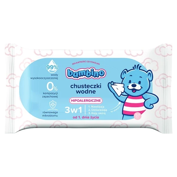 Bambino, chusteczki wodne 3w1, hipoalergiczne, od urodzenia, 57 sztuk