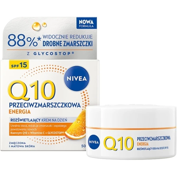 Nivea Q10 przeciwzmarszczkowy, rozświetlający krem na dzień SPF 15 dla skóry zmęczonej i matowej, 50ml