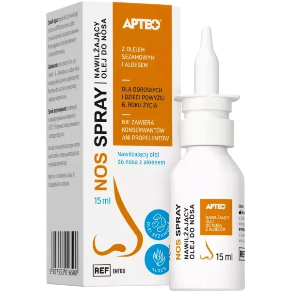 Nos spray, Apteo, nawilżający olej do nosa, dla dorosłych i dzieci po 6 roku życia, 15ml