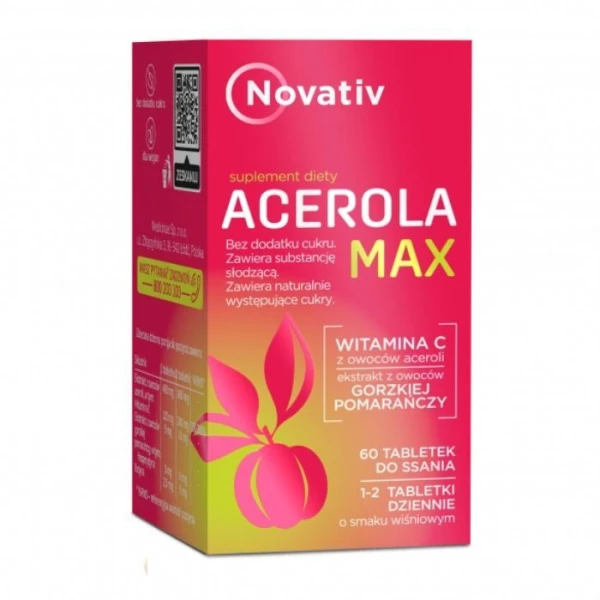 Novativ, Acerola Max, smak wiśniowy, 60 tabletek do ssania