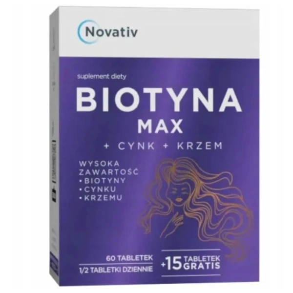 Novativ, Biotyna Max + cynk + krzem, 75 tabletek
