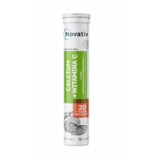 Novativ, Calcium + witamina C, smak pomarańczowo-brzoskwiniowy, 20 tabletek musujących