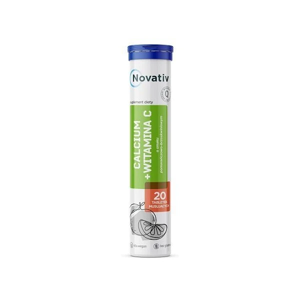 Novativ, Calcium + witamina C, smak pomarańczowo-brzoskwiniowy, 20 tabletek musujących