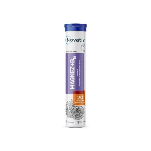 Novativ, Magnez + B6, smak pomarańczowo-marakujowy, 20 tabletek musujących