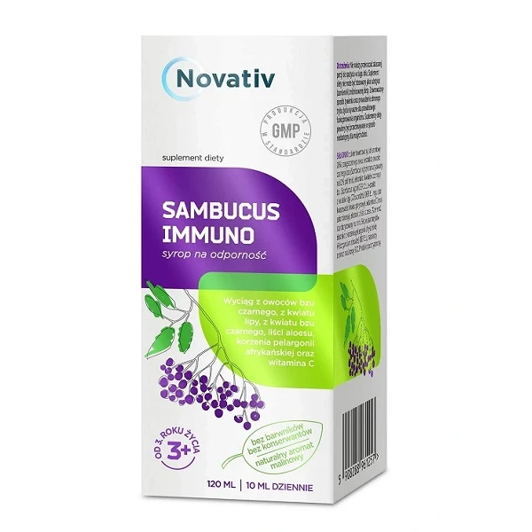 Novativ, Sambucus Immuno, syrop, smak malinowy, po 3 roku życia, 120ml