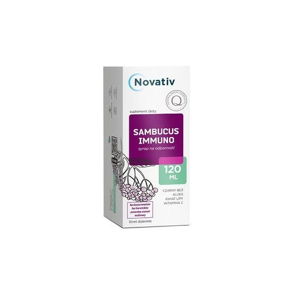 Novativ, Sambucus Immuno, syrop, smak malinowy, po 3 roku życia, 120ml