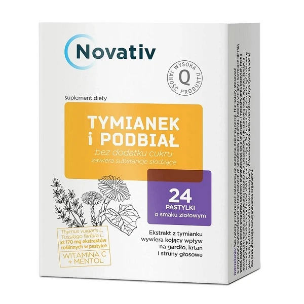 Novativ, Tymianek i podbiał, smak ziołowy, 24 pastylki do ssania