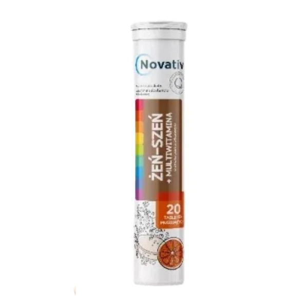 Novativ, Żeń-Szeń + Multiwitamina, smak pomarańczowy, 20 tabletek musujących
