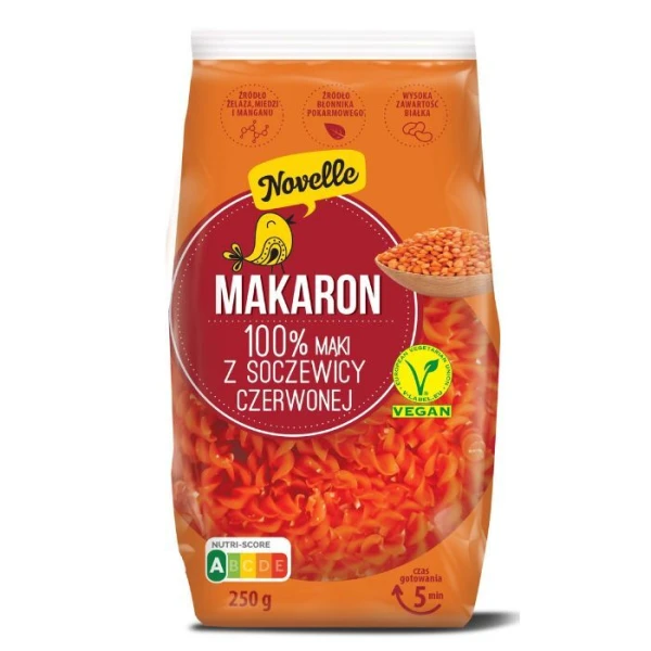 Novelle, makaron z soczewicy czerwonej, świderki, proteinowy, 250g