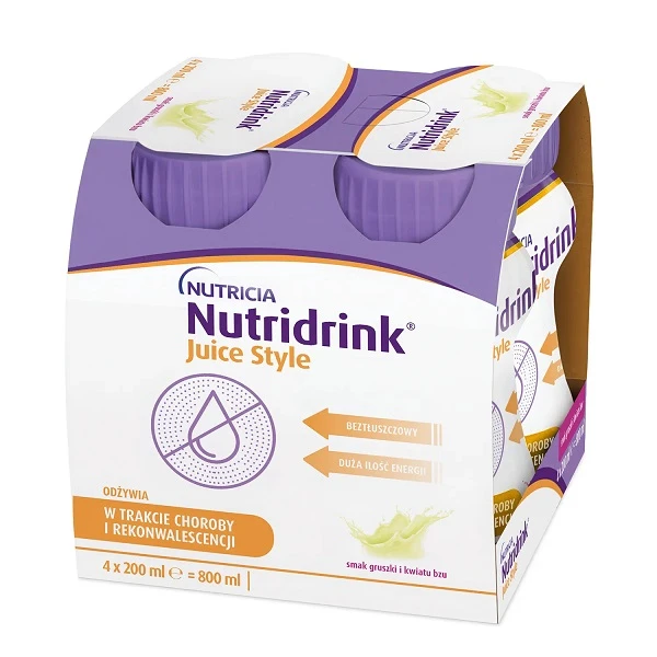 Nutridrink Juice Style, produkt odżywczy wysokoenergetyczny, smak gruszki i kwiatu bzu, płyn, 4x200ml