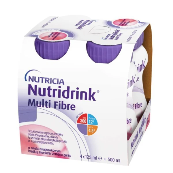 Nutridrink Multi Fibre, produkt odżywczy wysokoenergetyczny, smak truskawkowy, płyn, 4x125ml