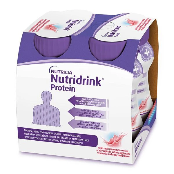 Nutridrink Protein, produkt odżywczy wysokobiałkowy, smak czerwonych owoców, płyn, 4x125ml