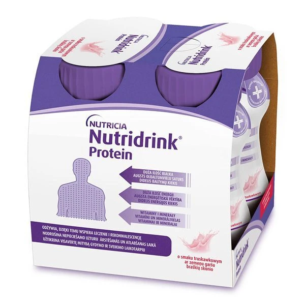 Nutridrink Protein, produkt odżywczy wysokobiałkowy, smak truskawkowy, płyn, 4x125ml