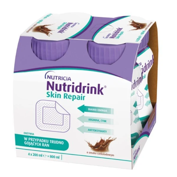 Nutridrink Skin Repair, produkt odżywczy wysokoenergetyczny, smak czekoladowy, płyn, 4x200ml