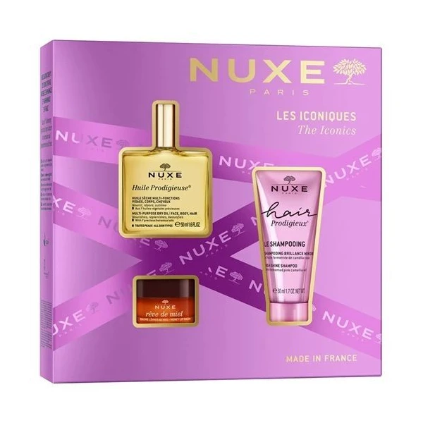 Nuxe Hair Prodigieux, szampon do włosów, 50ml + Huile Prodigieuse, suchy olejek pielęgnacyjny, 50ml + Reve de Miel, balsam do ust z miodem, 15g