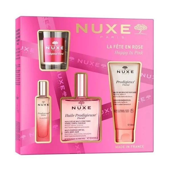 Nuxe Prodigieux Floral, żel pod prysznic, 100ml + perfumy, 15ml + świeca zapachowa, 60g + Huile Prodigieuse Florale, suchy olejek pielęgnacyjny, 100ml