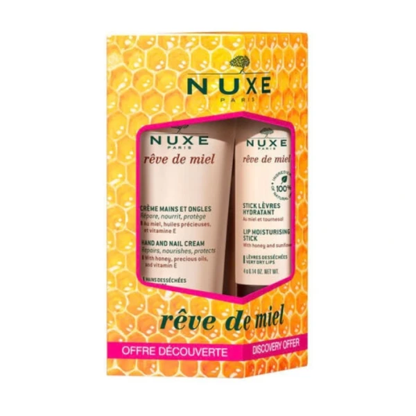 Nuxe Reve de Miel, krem do rąk i paznokci, 30ml + nawilżająca pomadka do ust suchych i spierzchniętych, 4g