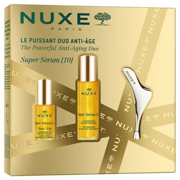 Nuxe Super Serum, uniwersalny koncentrat przeciwstarzeniowy, 30ml + uniwersalne serum przeciwstarzeniowe pod oczy, 15ml + masażer do twarzy, 1 sztuka