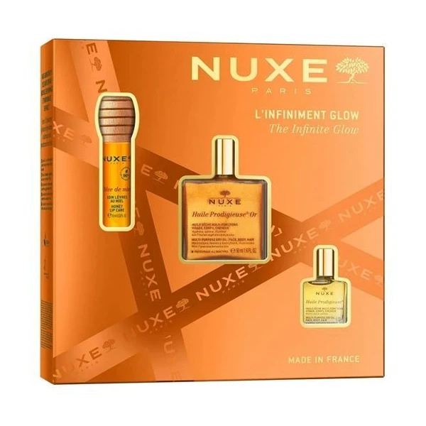 Nuxe The Infinity Glow, Huile Prodigieuse Or, suchy olejek ze złotymi drobinkami, 50ml + suchy olejek, 10ml + Reve De Miel, olejek do ust, 10ml