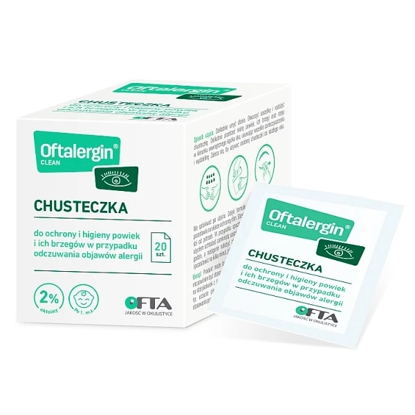 Oftalergin Clean, chusteczki do ochrony i higieny powiek w przypadku objawów alergii, 20 sztuk