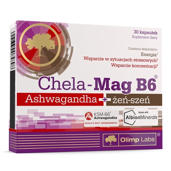 Olimp Labs, Chela-Mag B6, Ashwagandha + żeń-szeń, 30 kapsułek