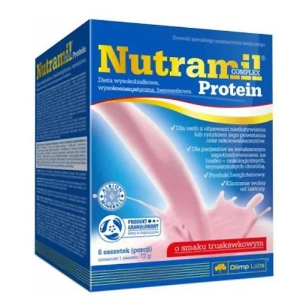 Olimp Nutramil Complex Protein, preparat odżywczy, smak truskawkowy, 72g x 6 saszetek