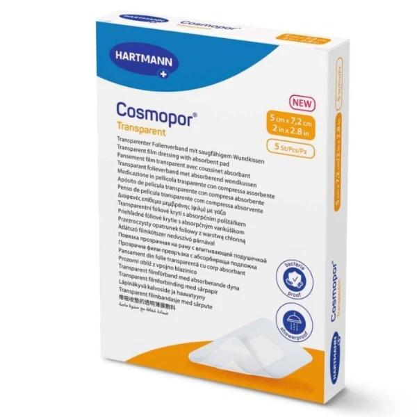 Opatrunek samoprzylepny, Cosmopor Transparent, jałowy, wodoodporny, 5cmx7,2cm, 5 sztuk