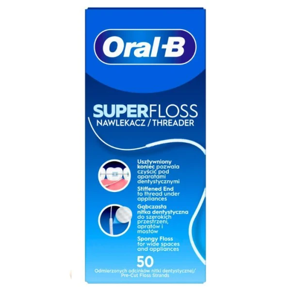 Oral-B Super Floss, nić dentystyczna do czyszczenia aparatów ortodontycznych i mostów, 50 sztuk