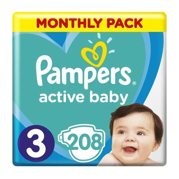 Pampers Active Baby, pieluszki jednorazowe, rozmiar 3, waga 6-10kg, 208 sztuki