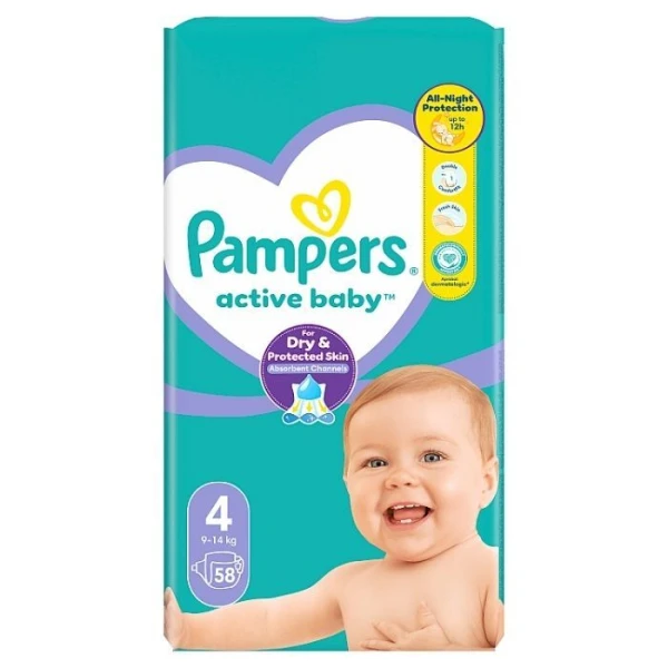 Pampers Active Baby, pieluszki jednorazowe, rozmiar 4, waga 9-14kg, 58 sztuk