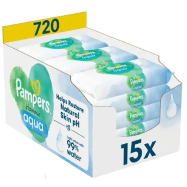 Pampers Harmonie Aqua, chusteczki nawilżane dla niemowląt, 15 opakowań po 48 sztuk