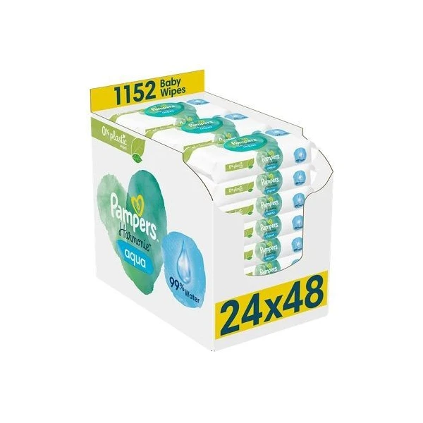Pampers Harmonie Aqua, chusteczki nawilżane dla niemowląt, 24 opakowania po 48 sztuk