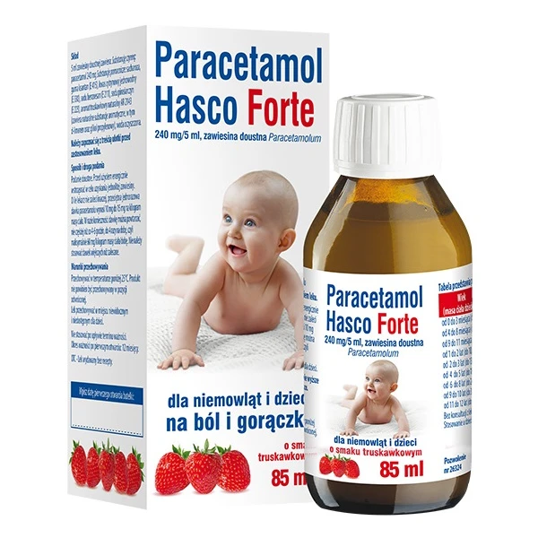 Paracetamol Hasco Forte 240mg/5ml, zawiesina doustna, smak truskawkowy, dla niemowląt i dzieci, 85ml