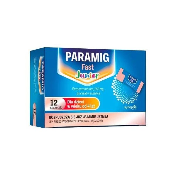 Paramig Fast Junior 250mg, granulat, po 4 roku życia, 12 saszetek