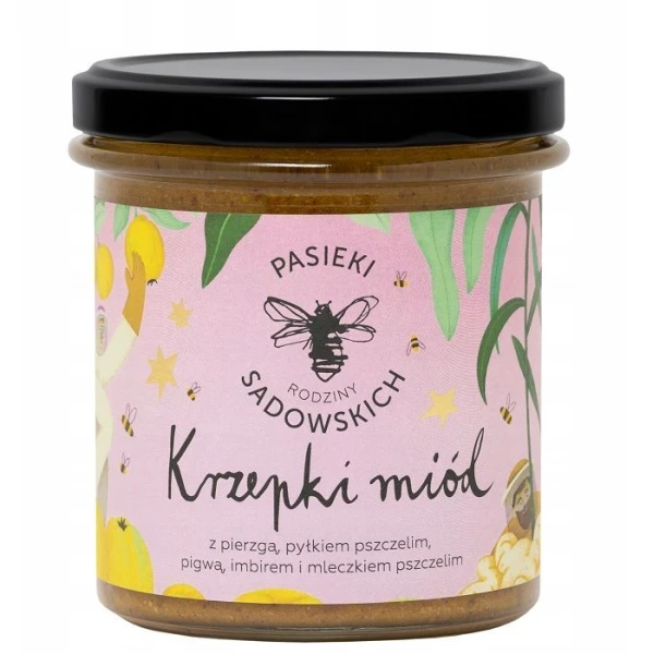 Pasieki Rodziny Sadowskich, Krzepki Miód, z pierzgą, pyłkiem pszczelim, pigwą, imbirem i mleczkiem pszczelim, 410g