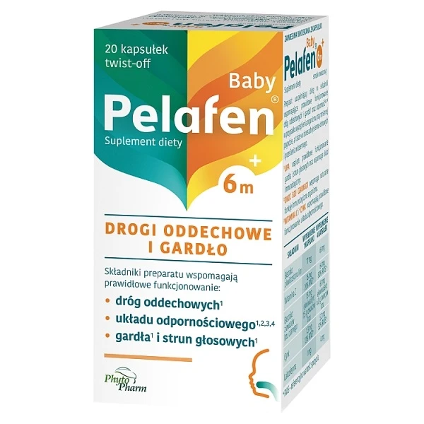 Pelafen Baby, Drogi oddechowe i gardło, po 6 miesiącu, smak owocowy, 20 kapsułek twist-off
