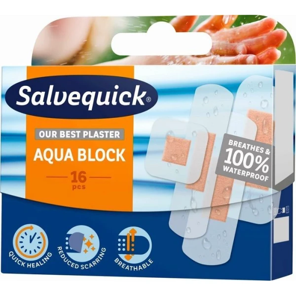 Plastry wodoodporne, Salvequick Aqua Block, 4 rozmiary, 16 sztuk
