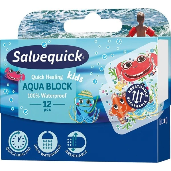 Plastry wodoodporne, Salvequick Aqua Block Kids, 2 rozmiary, 12 sztuk
