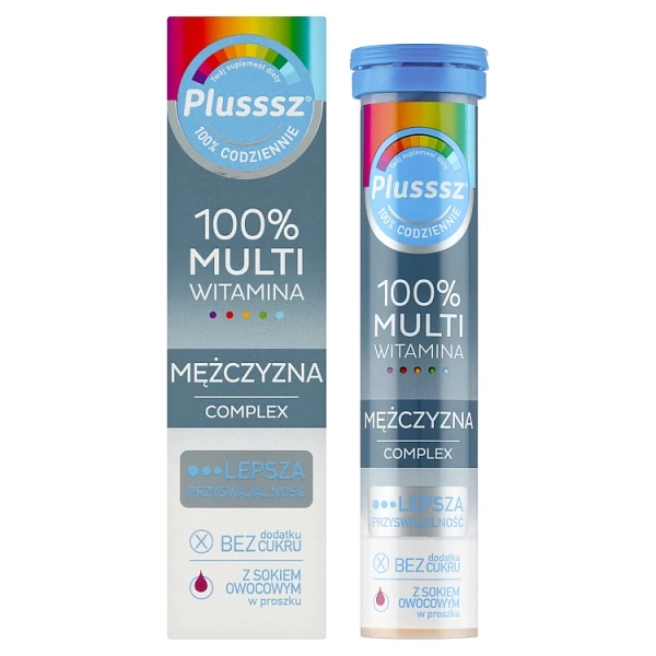 Plusssz 100% Multiwitamina Mężczyzna Complex, smak jeżyna-pomarańcza, 20 tabletek musujących