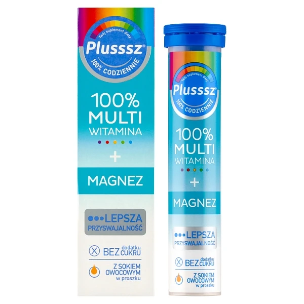 [DATA - 2026-11-28] Plusssz 100% Multiwitamina + Magnez, smak mango-pomarańcza, 20 tabletek musujących