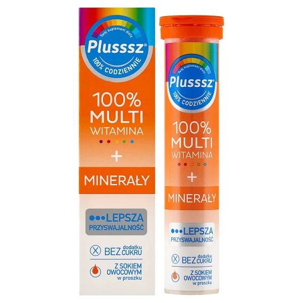 Plusssz 100% Multiwitamina + Minerały, smak mango-pomarańcza, 20 tabletek musujących