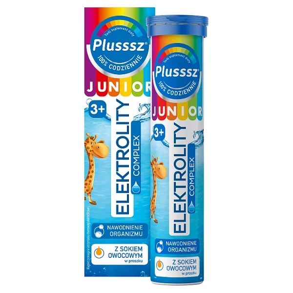 Plusssz Junior Elektrolity Complex, dla dzieci powyżej 3 roku życia, smak pomarańczowy, 20 tabletek musujących