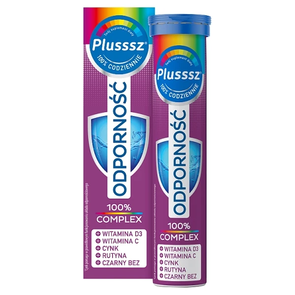Plusssz 100% Odporność Complex, smak malina-czarny bez, 20 tabletek musujących