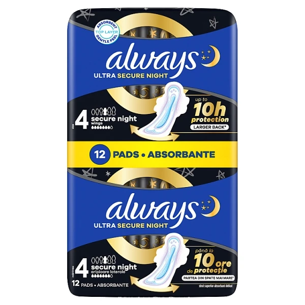 Always Ultra Secure Night, podpaski ze skrzydełkami, 12 sztuk