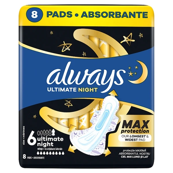 Always Ultimate Night Max Protection, podpaski ze skrzydełkami na noc, 8 sztuk