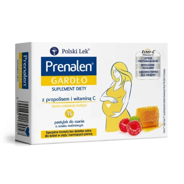 Prenalen Gardło, smak malinowy, 16 pastylek do ssania
